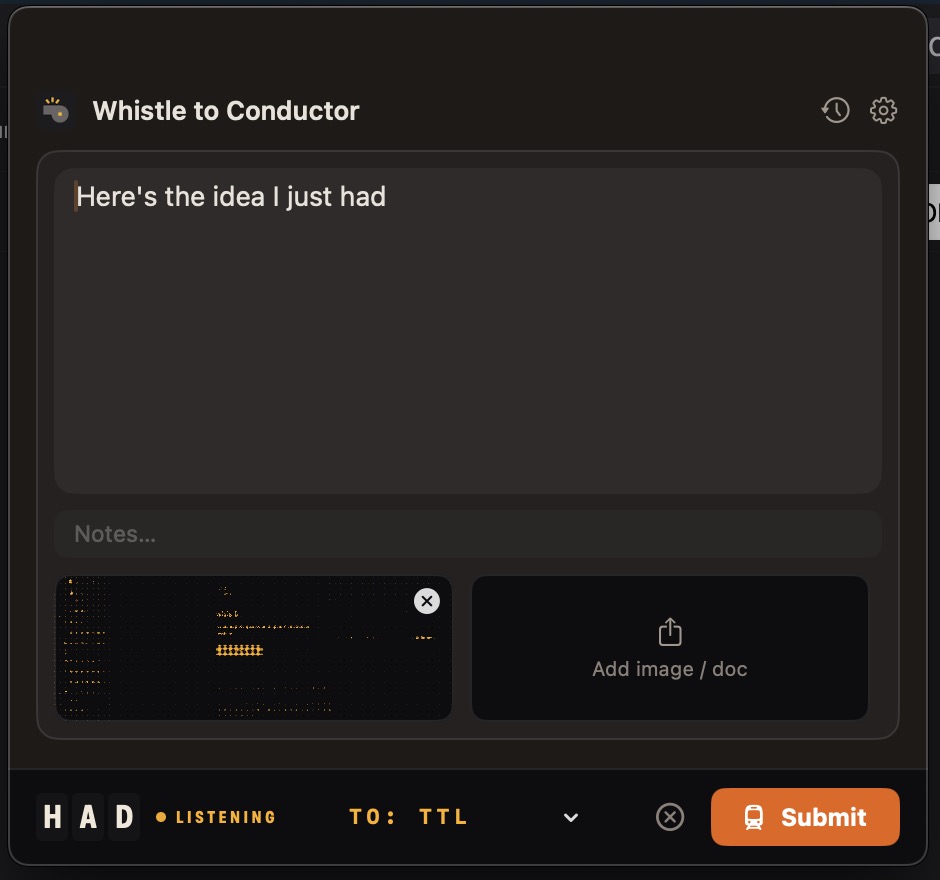 Whistle app interface showing the idea capture dialog